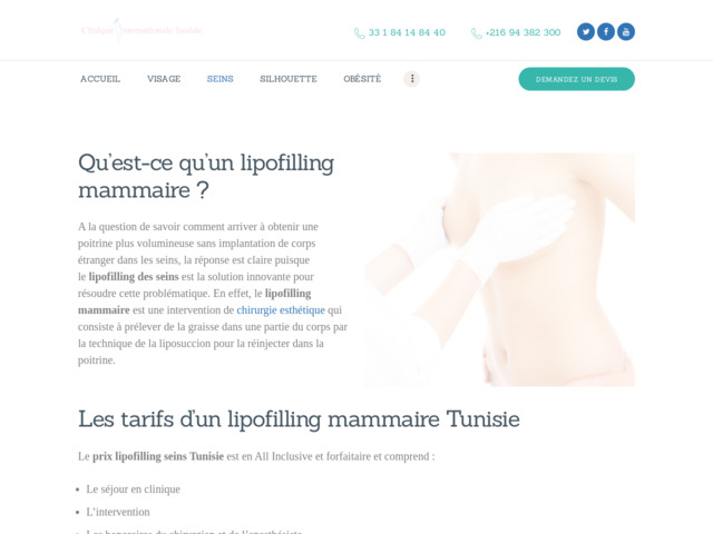 Lipofilling seins tunisie prix pas cher
