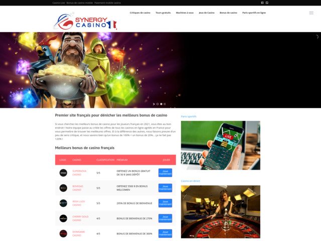 Meilleurs bonus de casino 2021 synergy casino