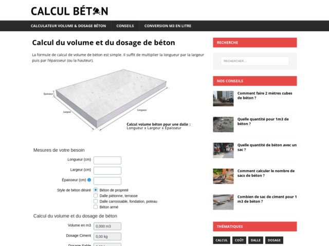 Calcul béton : volume dalle en m3 | dosage & mélange sac